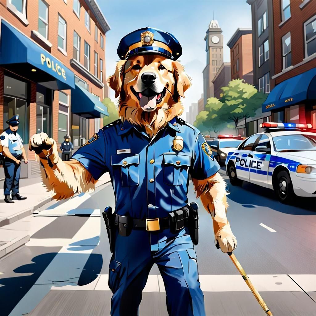 Golden Retriever Police Officer in Comic Art Style