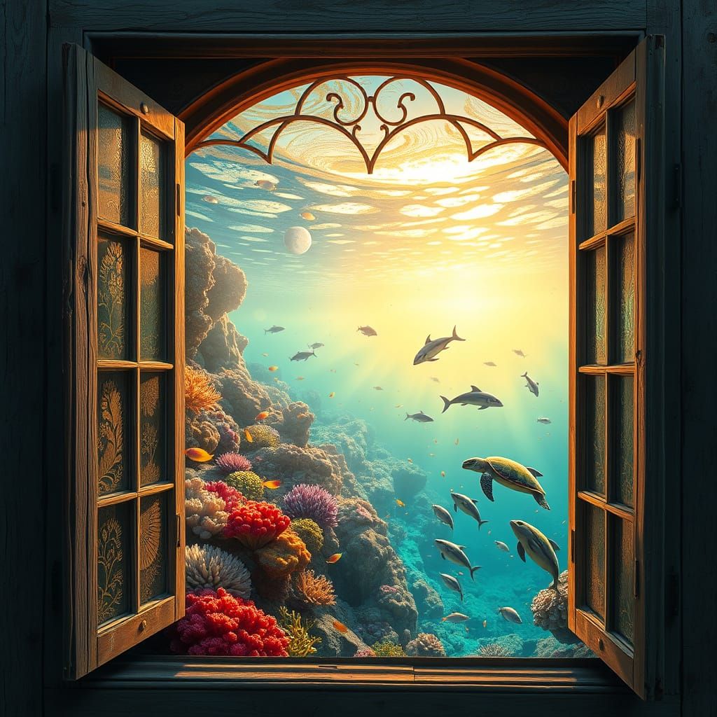 Surreal Coral Reef Scene Through an Ornate Window