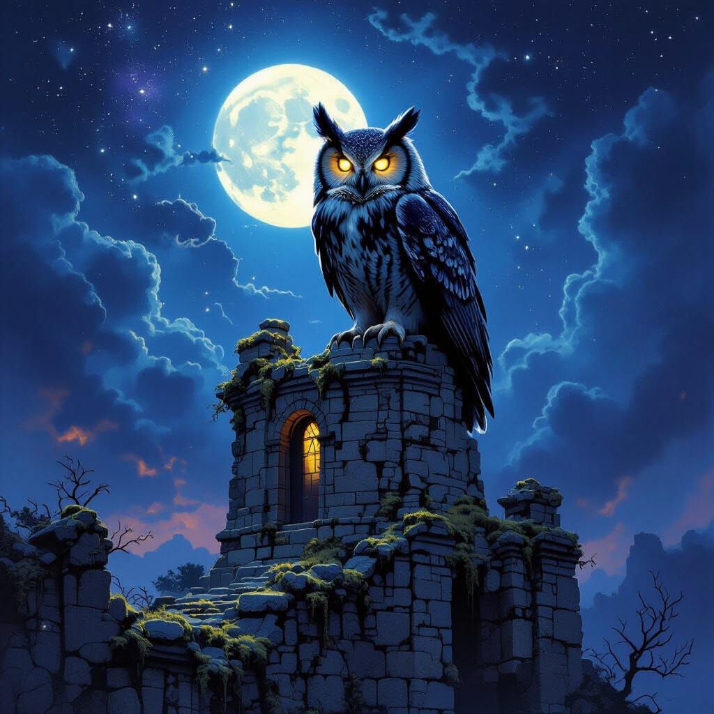 Ancient Owl Guards Mossy Observatory Under Starry Sky