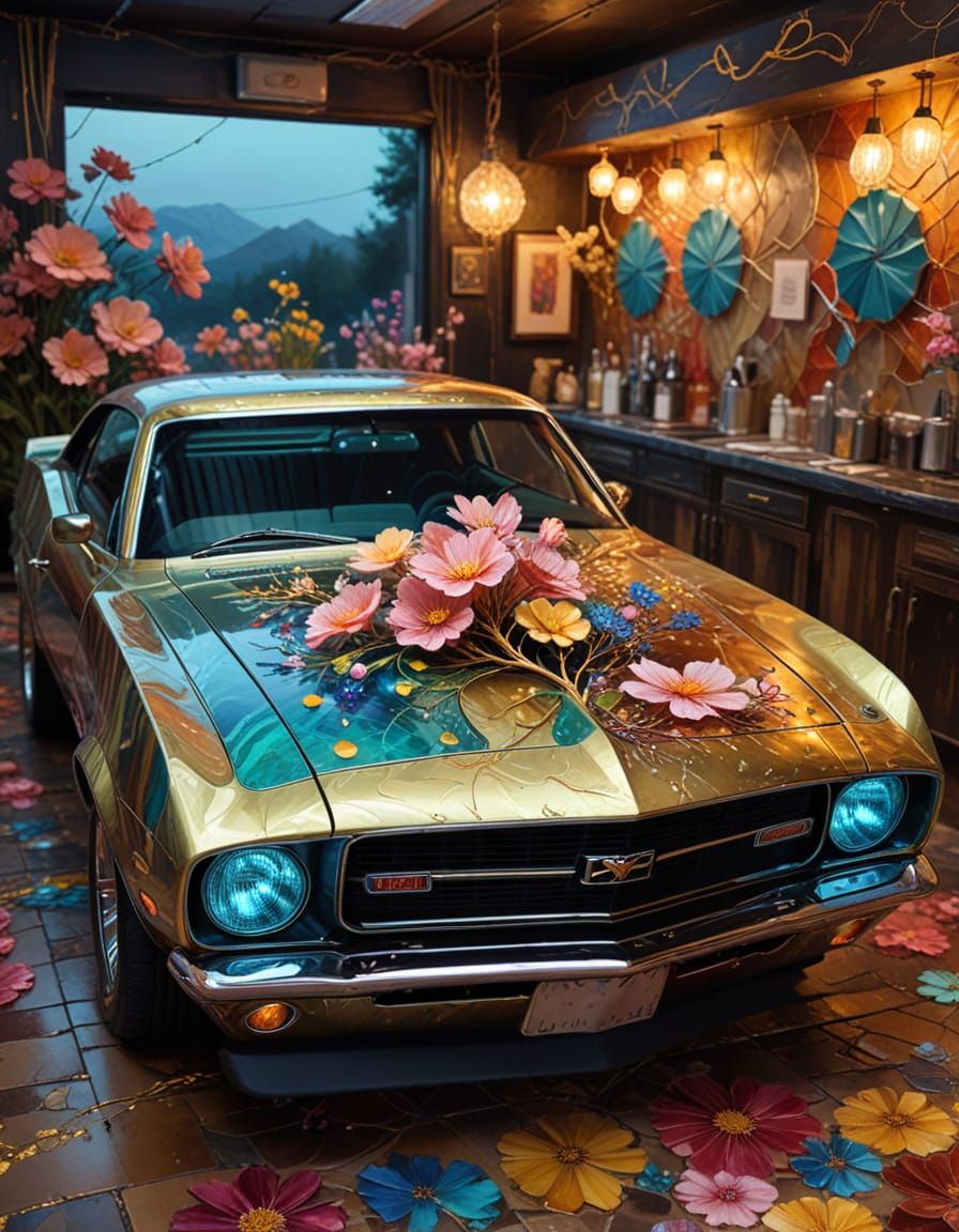 Muscle Car at Neon Diner, Alcohol Ink Masterpiece