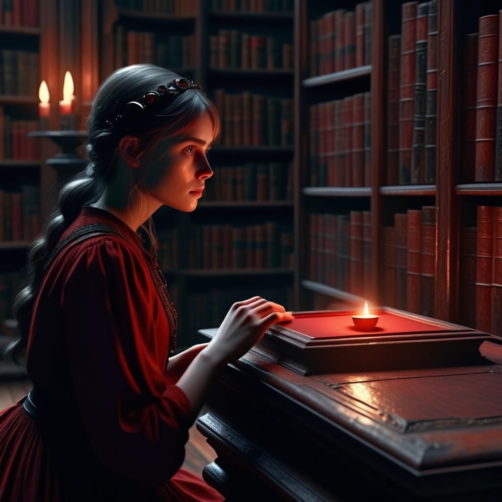 Fantasy Woman's Ring Glows Red in Old Library