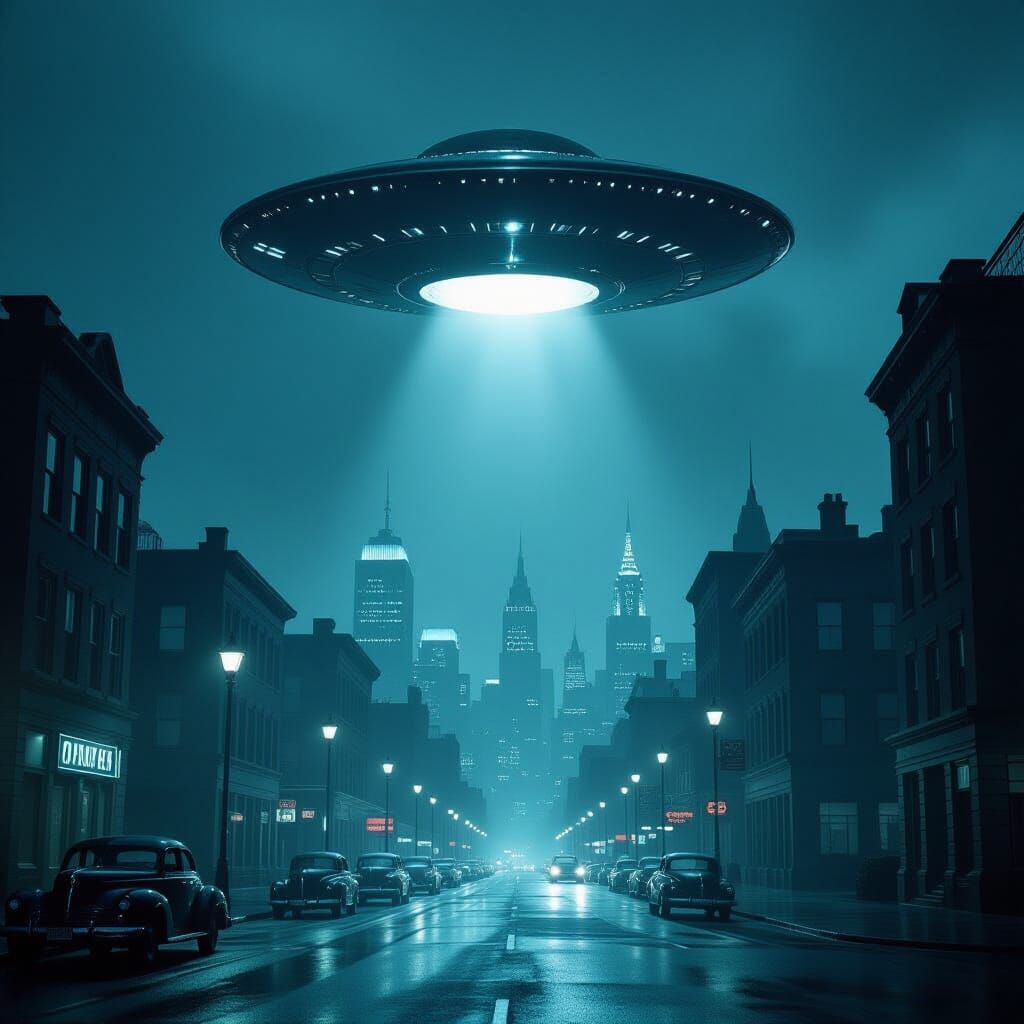 UFO Hovers Over Dark 1930s Noir Cityscape