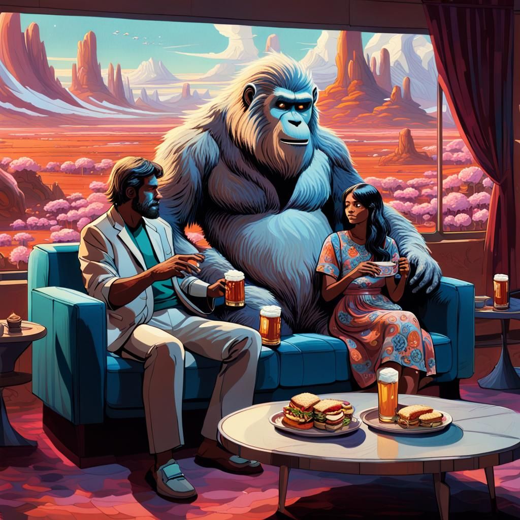 Yetis Relaxing on Couch in Dreamlike Setting