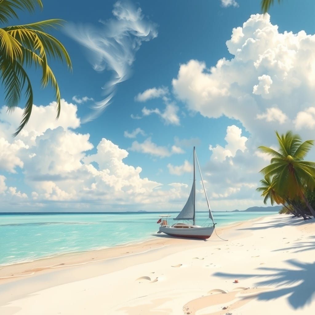 Sailboat on Secluded Tropical Island in Impressionist Style
