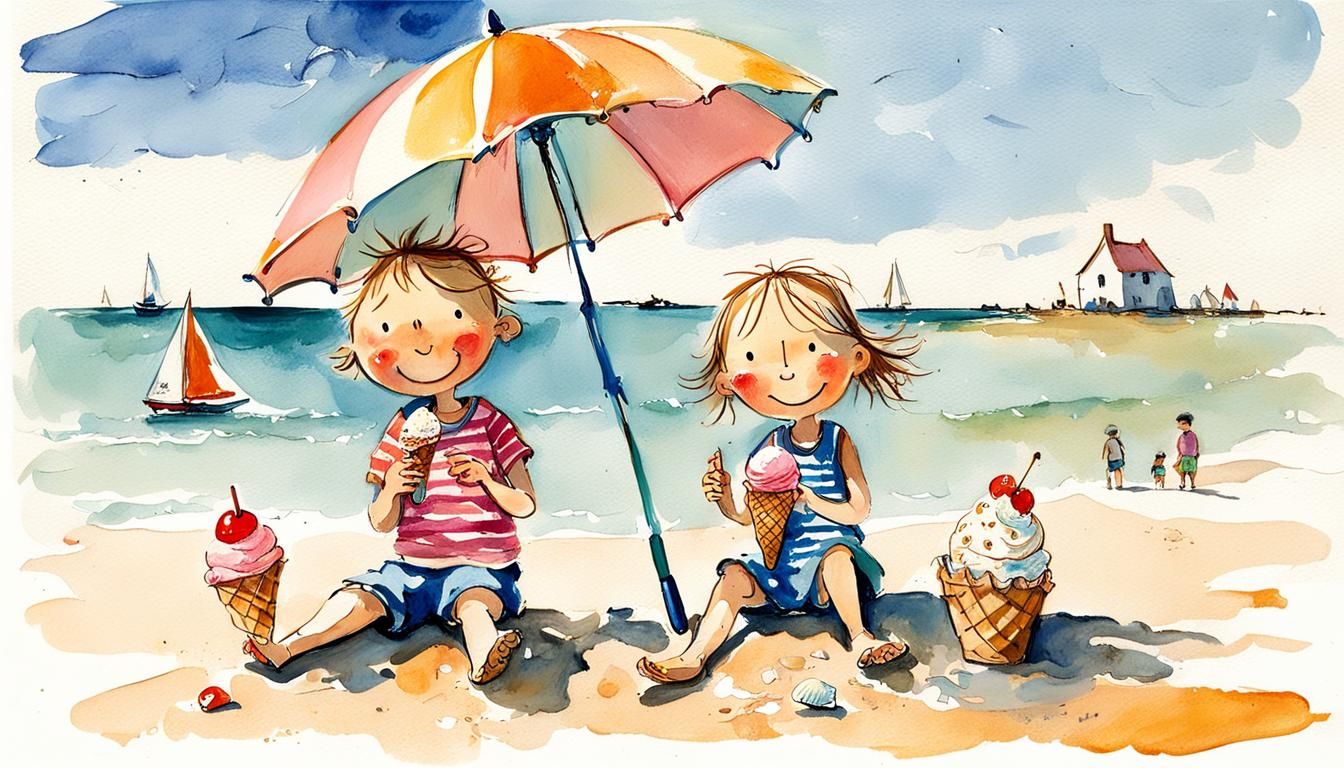 Children's Summer Beach Scene as Gouache Painting