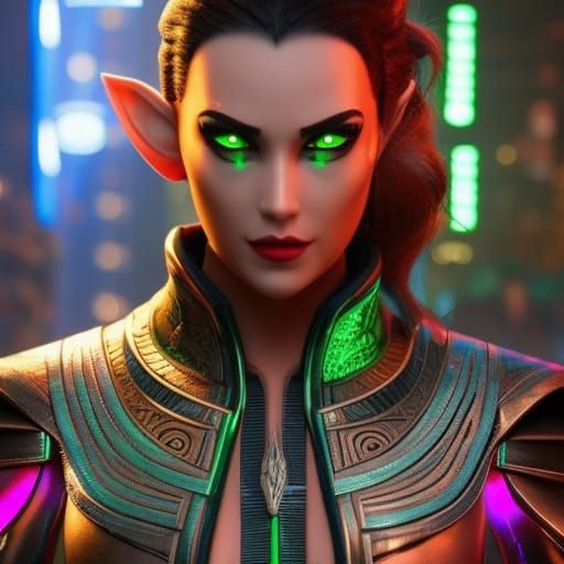 Elf Cyberknight Portrait with Neon Lighting