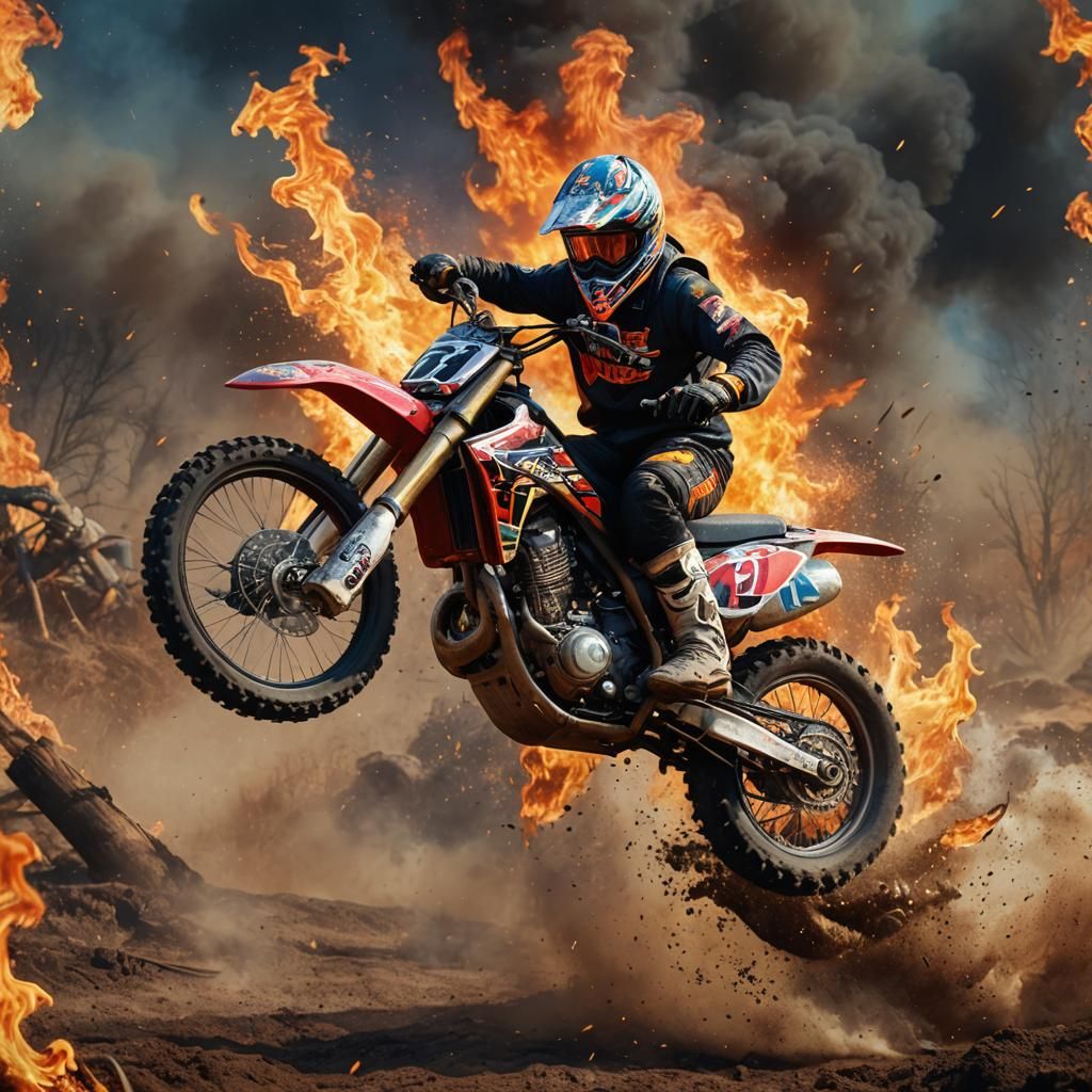 Motocross Rider Leaping Through Fire: Hyperrealistic Splash ...