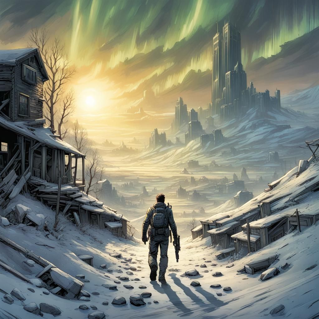 Snowy Fallout City in Comic Book Style