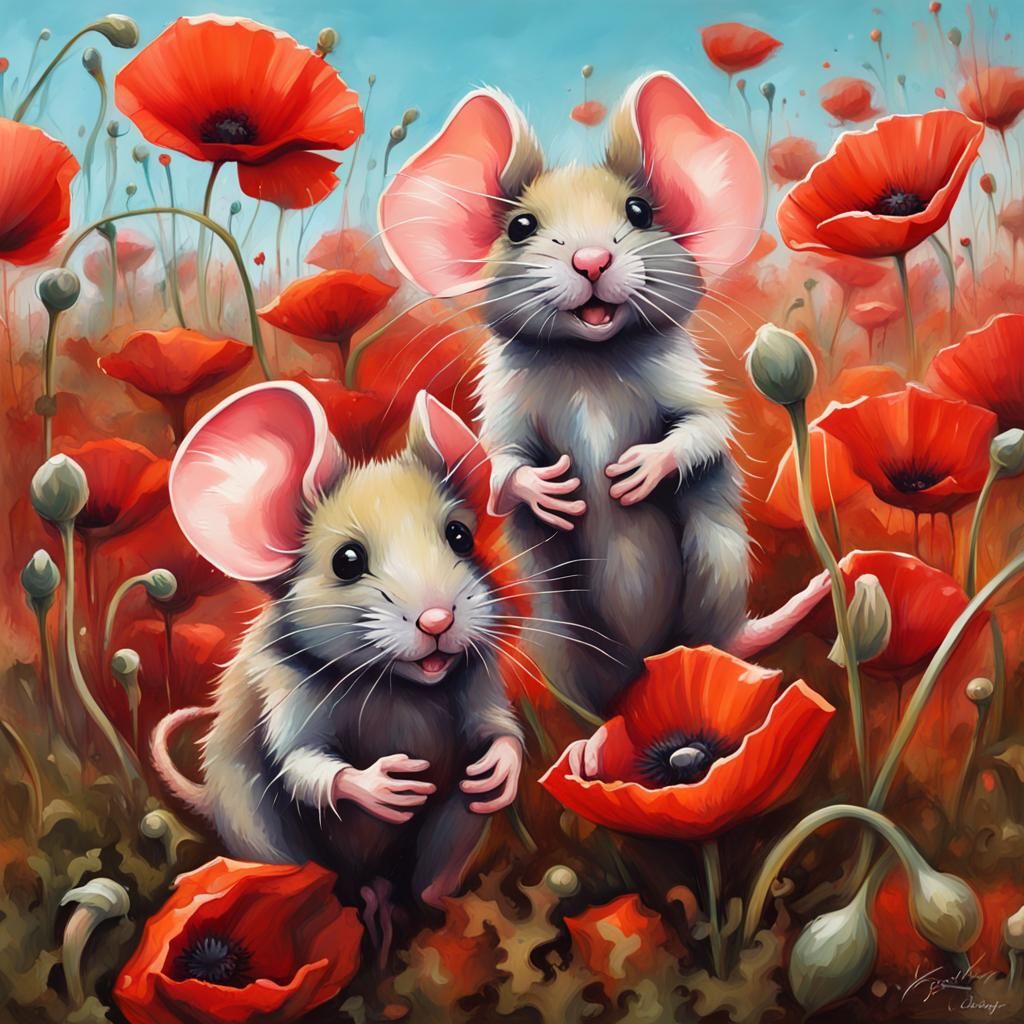 Mice Playing in Poppies: Graffiti Art Style