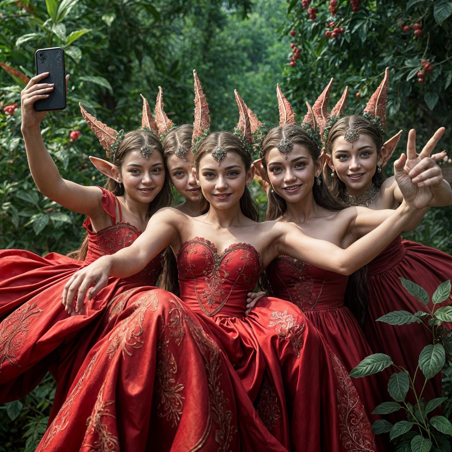 Elves in Vibrant Red Dresses Pose for a Joyful Selfie
