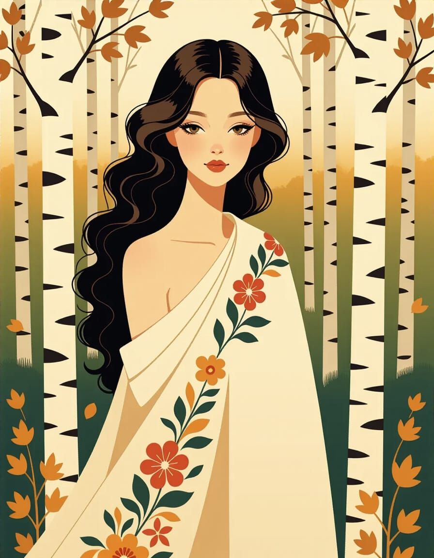 Art Nouveau Woman in Birch Forest