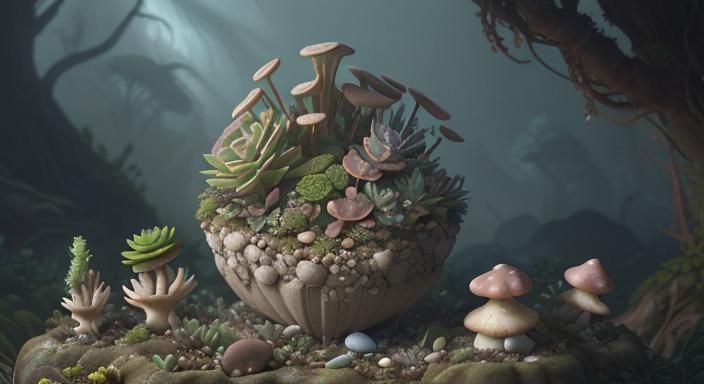 Succulents and Mushrooms: Detailed Digital Matte Painting