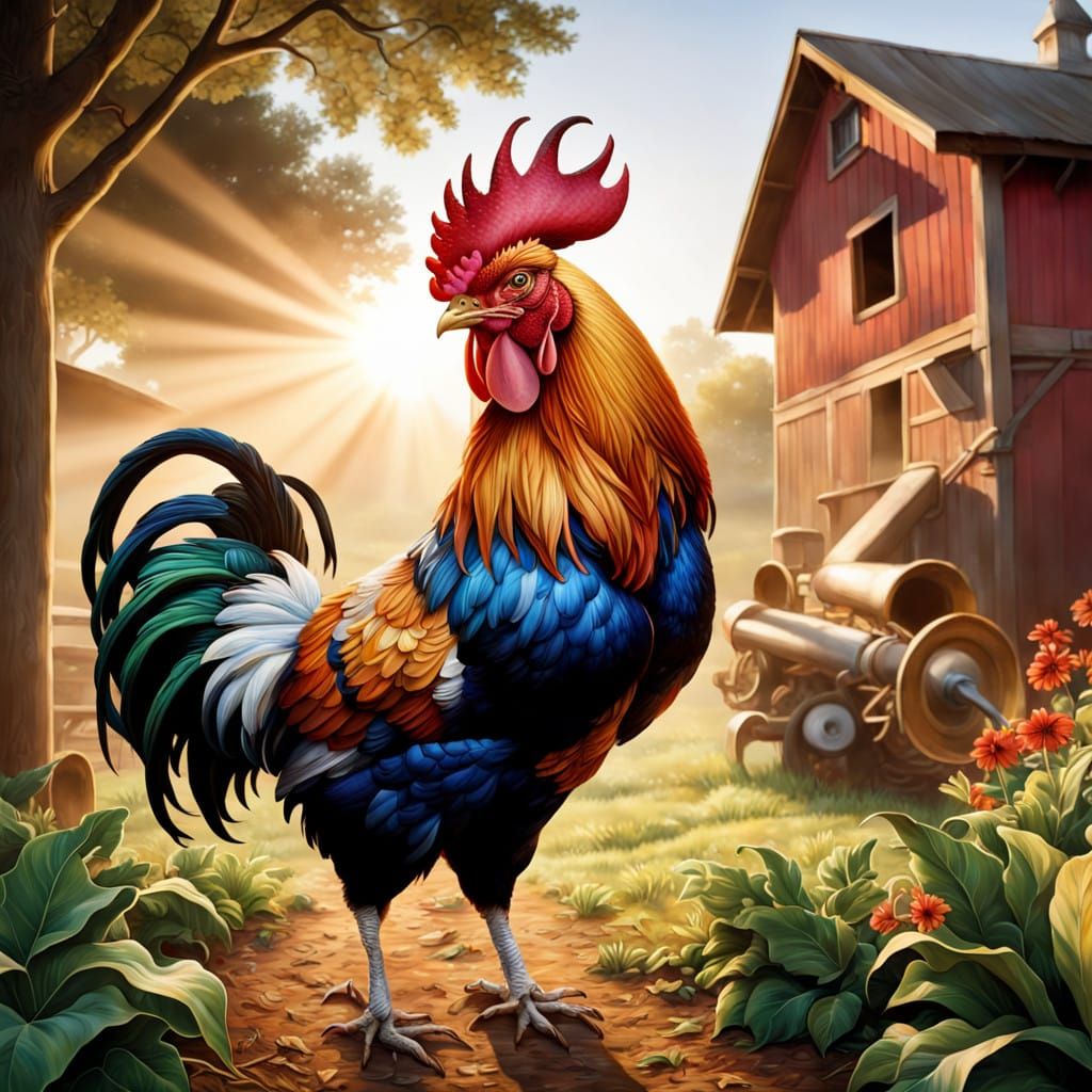 Vibrant Farm Scene with Rooster in Majestic Trumpet Performa...