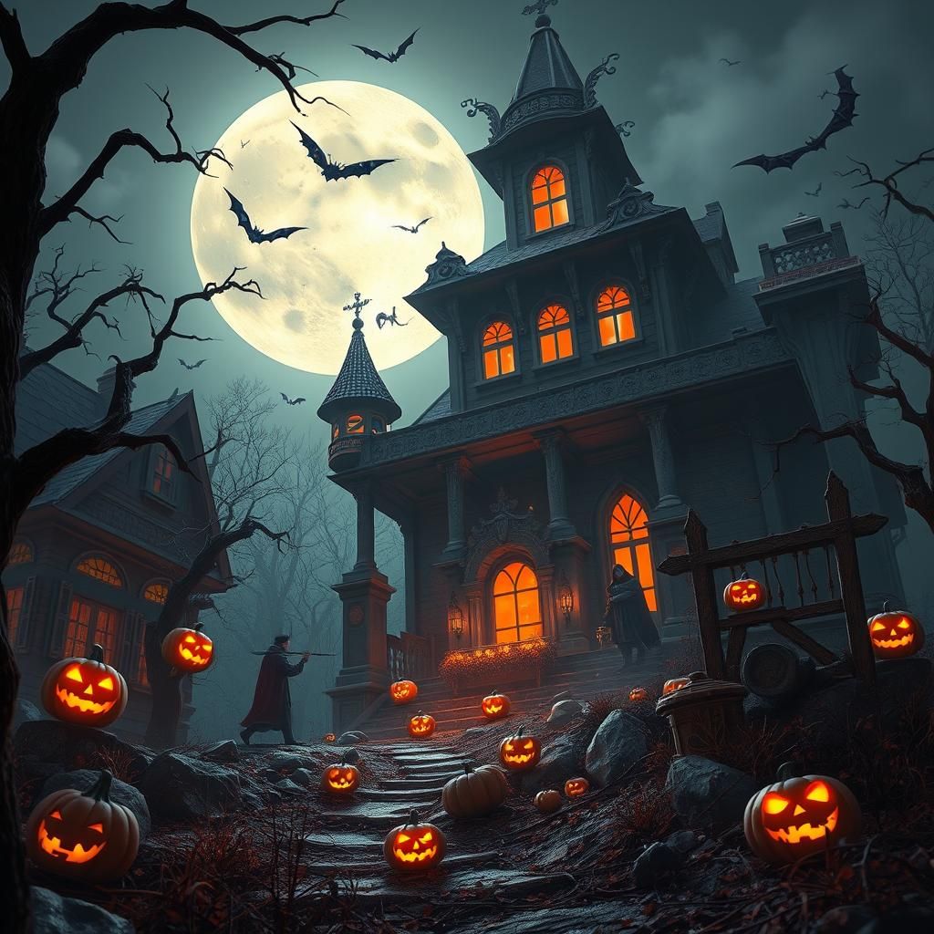 Detailed Halloween Scene in Matte Painting Style