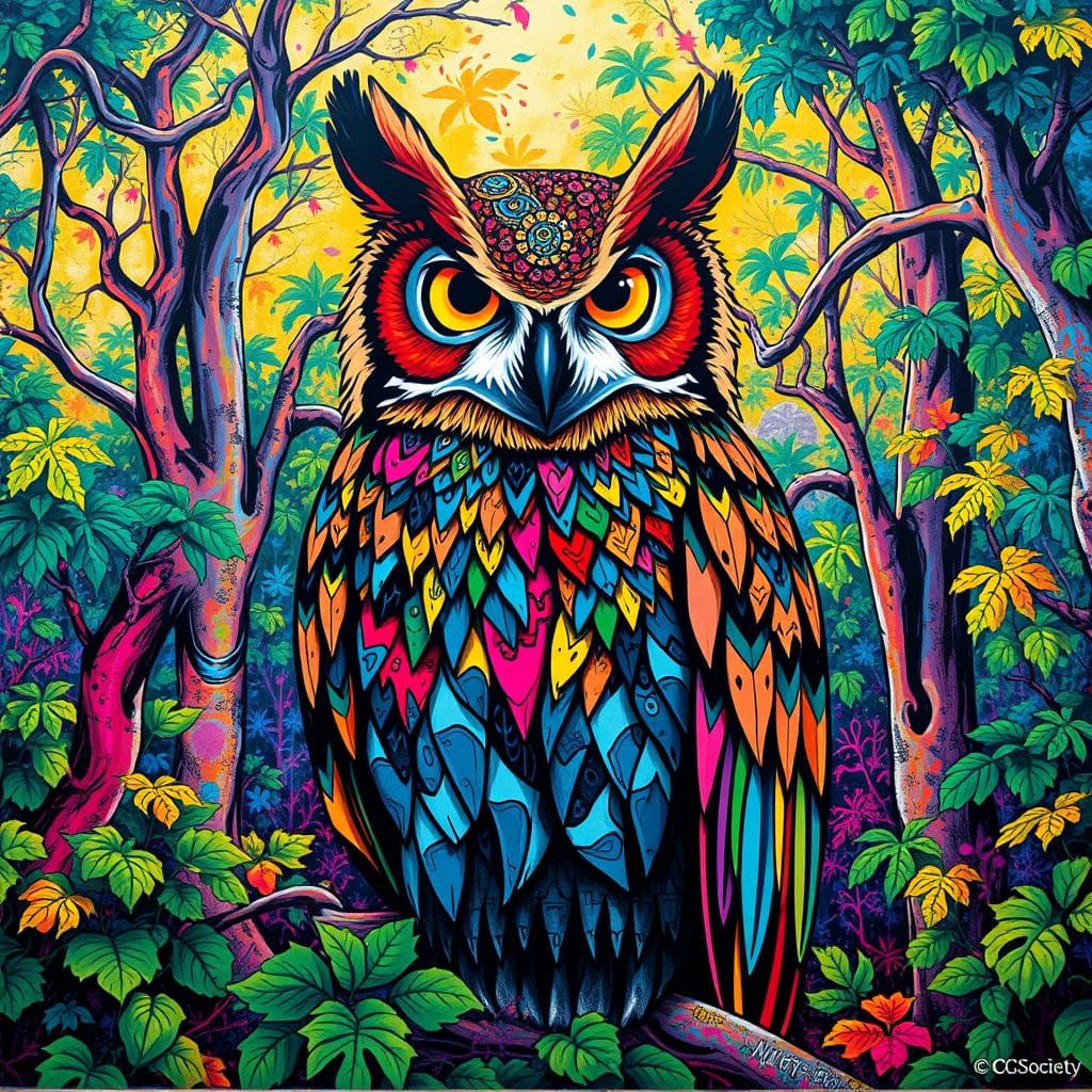 Graffiti Masterpiece of a Majestic Owl in Vibrant Street Art...