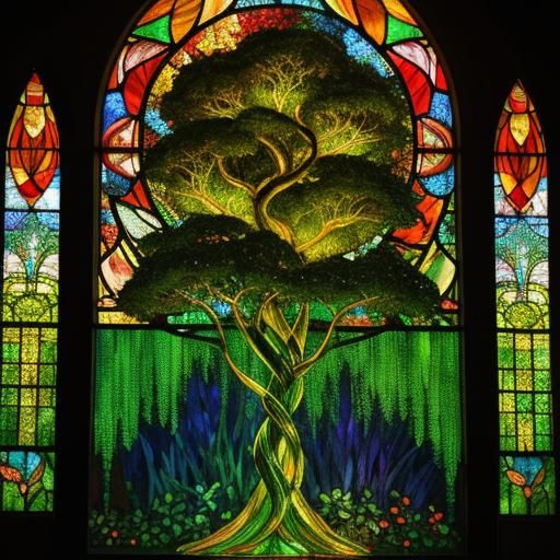 Eden Tree in Stained Glass Art Nouveau Style