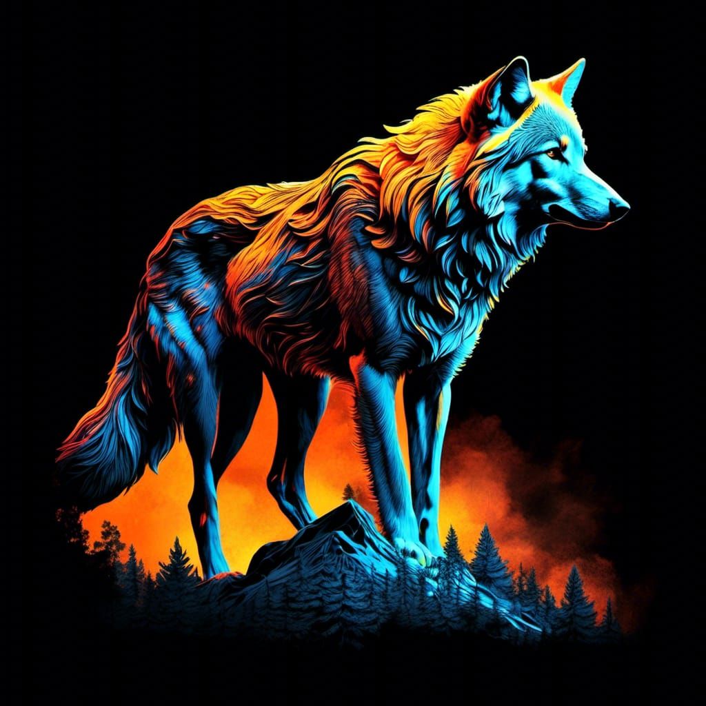 Misty Mountain Wolf Silhouette in Double Exposure Art