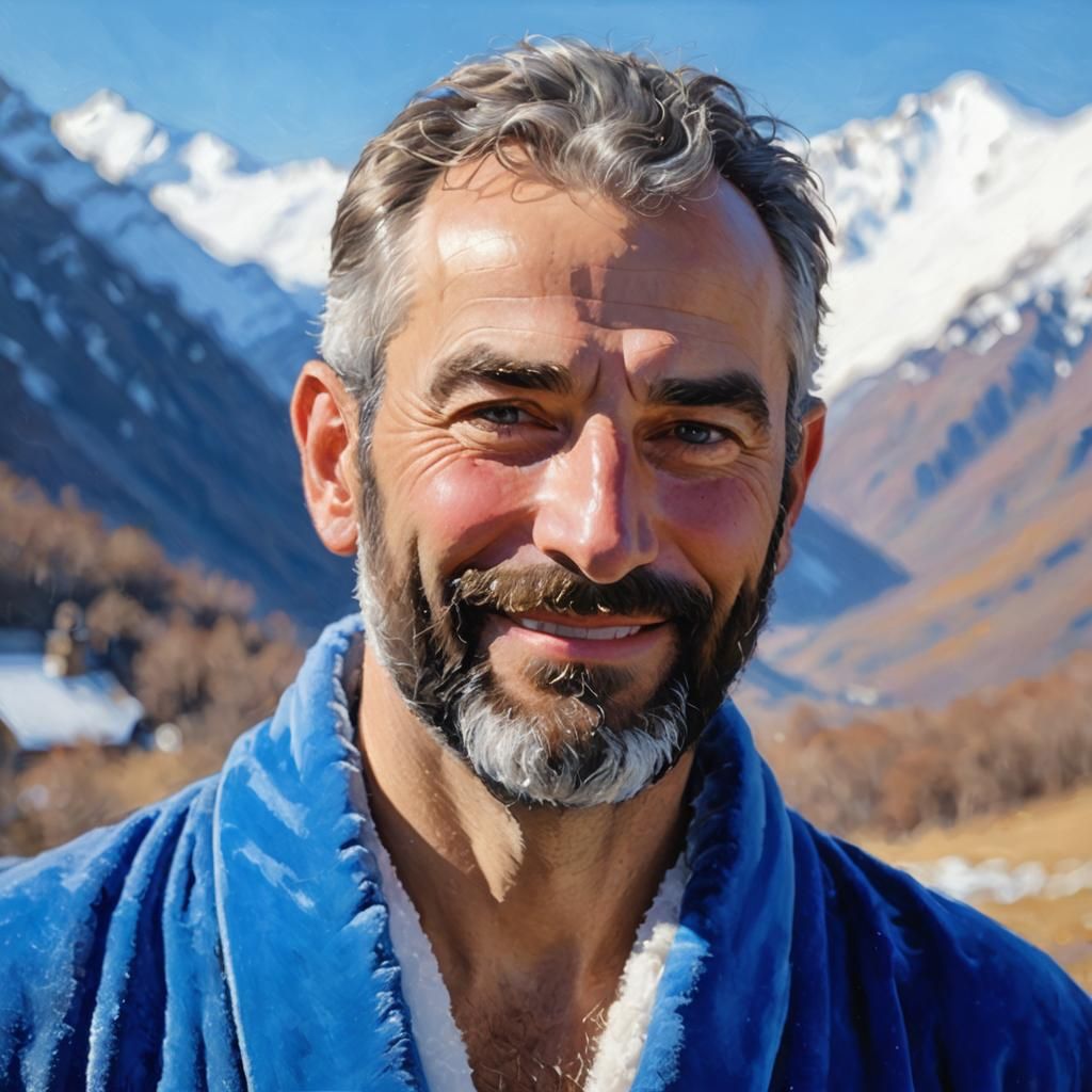 Smiling Man in Blue Robe: Impressionist Oil Painting