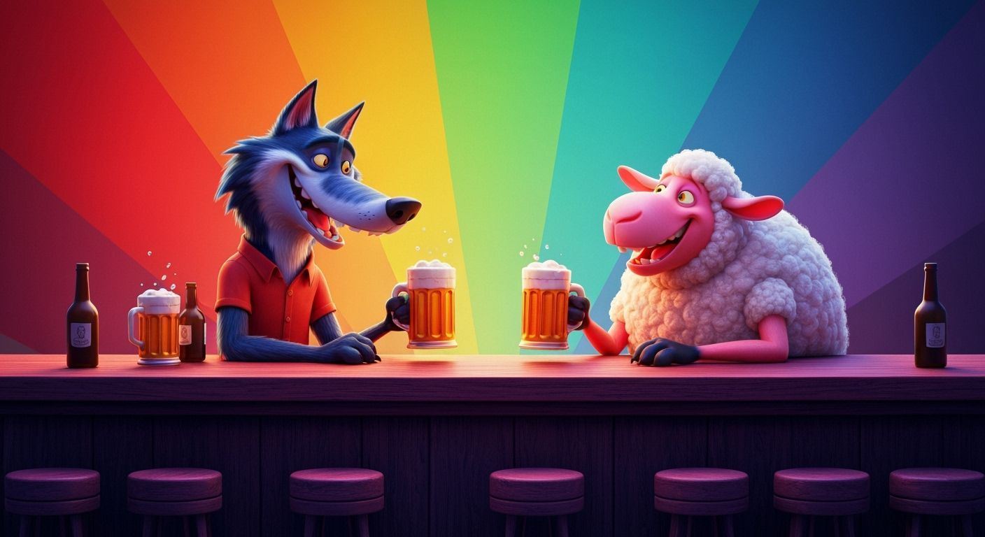 Wolf and Sheep Laughing at Bar in Pixar Style