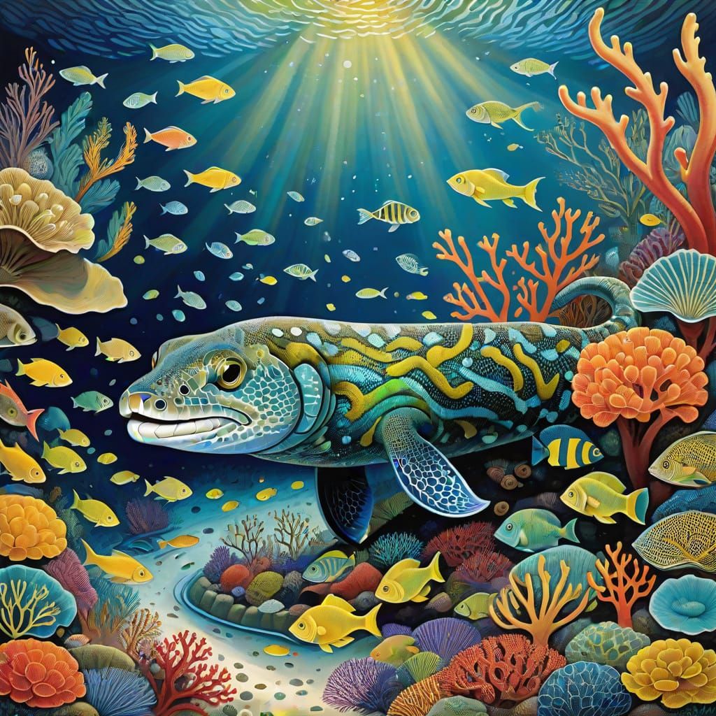 Surrealistic Coral Reef Scene with Serpentine Moray Eel