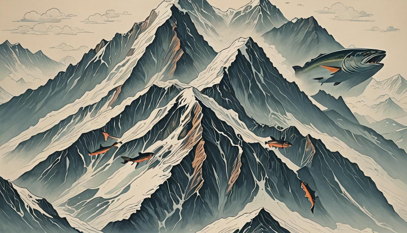 Surreal Fish Mountain With Flying Salmon