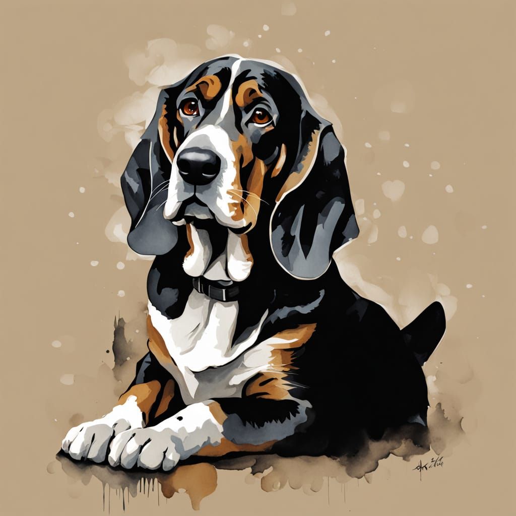 Basset Hound on Window Sill in Ink Wash Style
