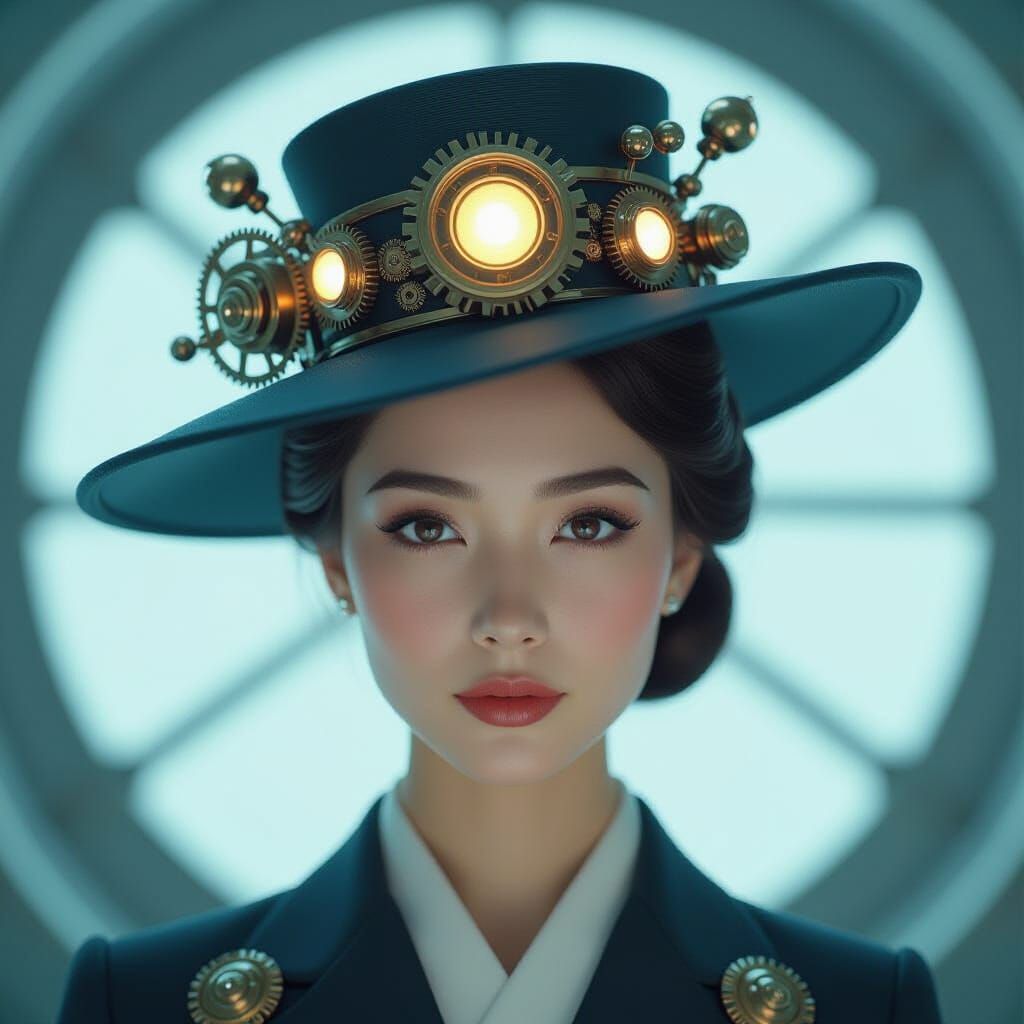 Elegant Japanese Woman in Retro-Futuristic Hat
