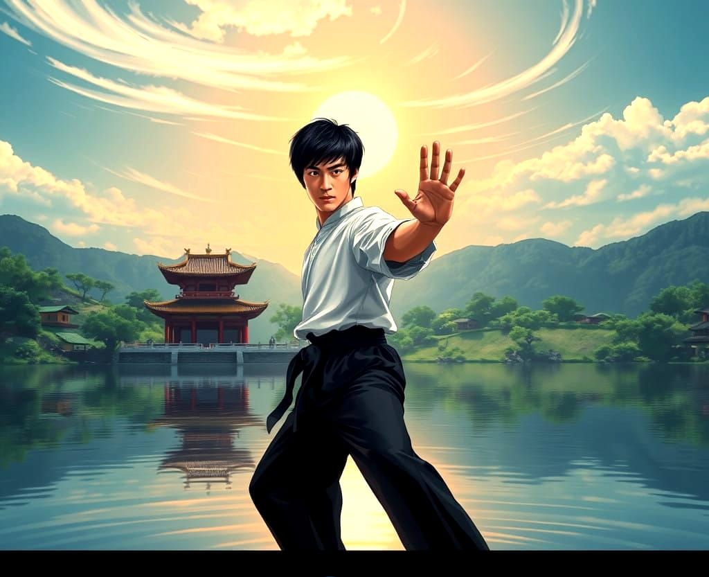 Bruce Lee as Water in Serene Martial Arts Landscape