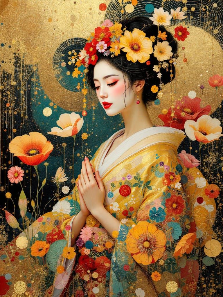 Geisha in Impressionistic Style with Gold Accents