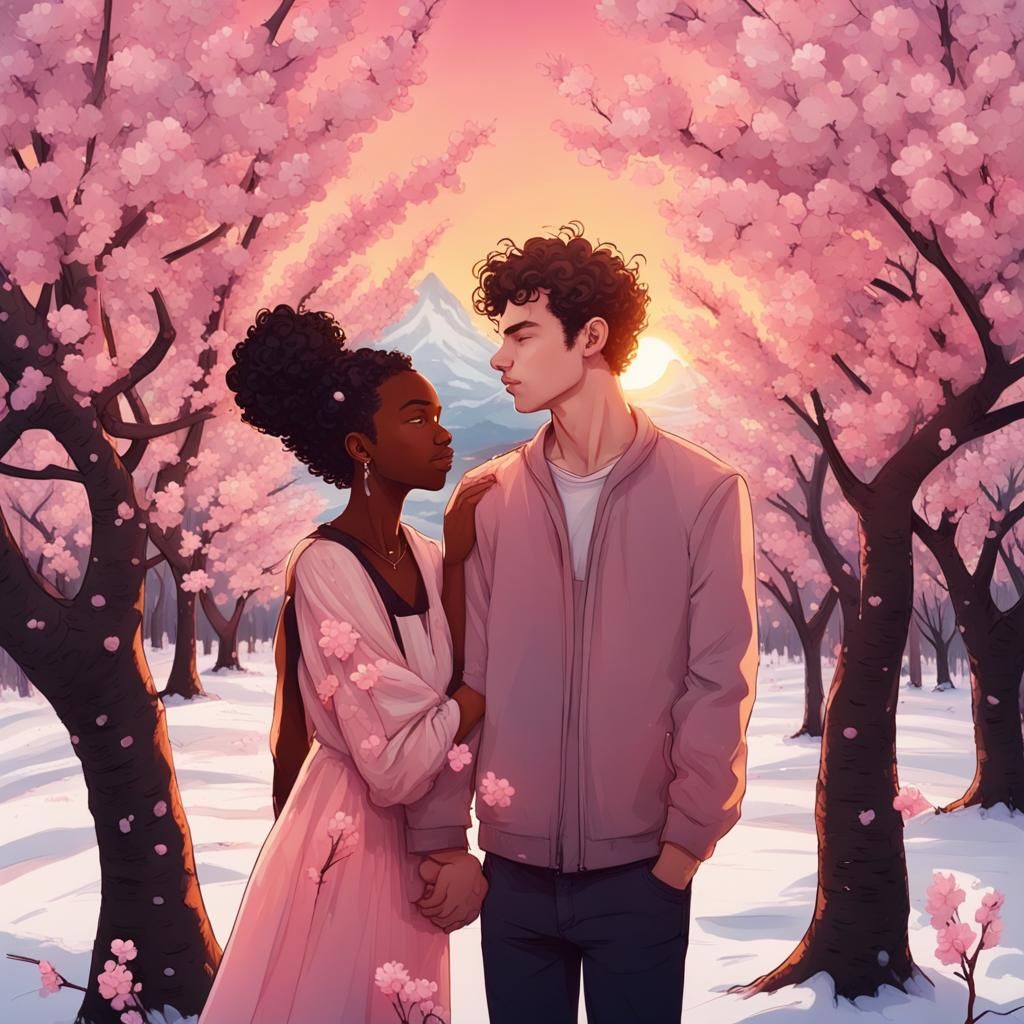 Romantic Cherry Blossom Garden Sunset Scene