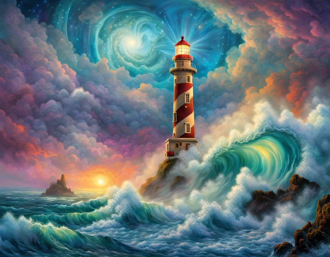 Surreal Lighthouse Seascape with Abstract Nebula