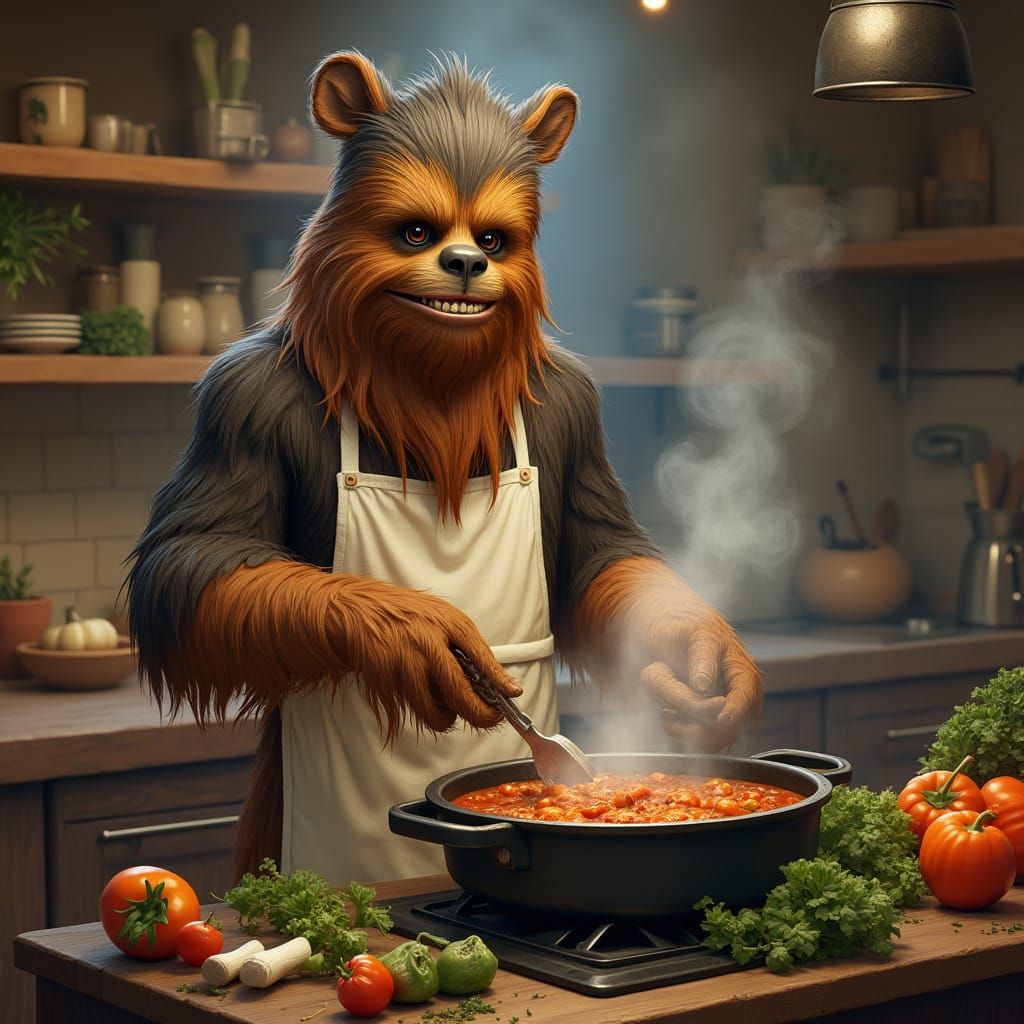Wookiee Chef in Rustic Kitchen