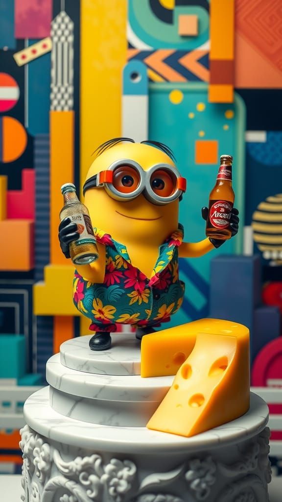 Vibrant Minion Offers Beer and Cheese in Colorful, Geometric...