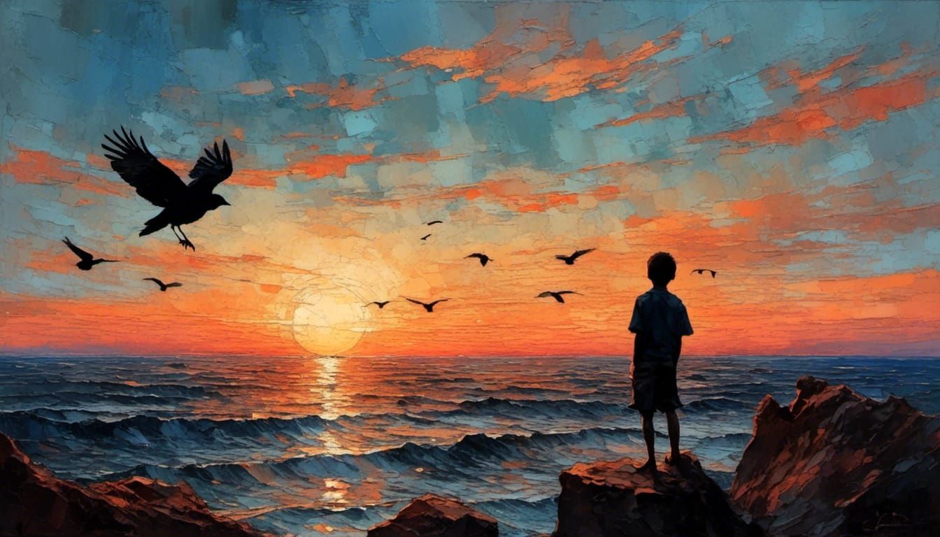 Stunning Sunset Over Ocean with Silhouetted Boy and Bird