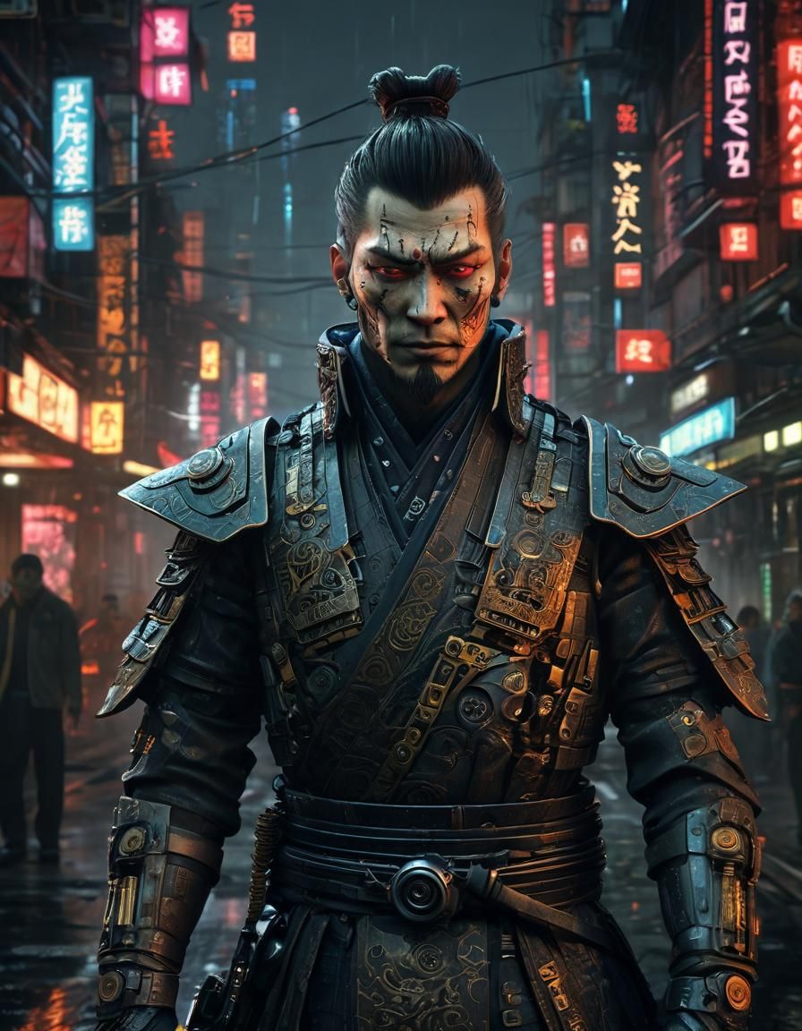 Cyberpunk Samurai Android in Grimy Cityscape