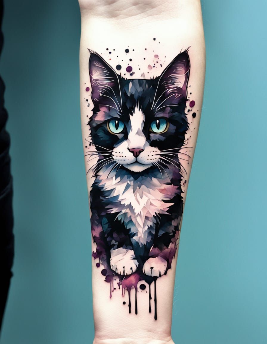 Alcohol Ink Tattoo of a Cute Black and White Cat