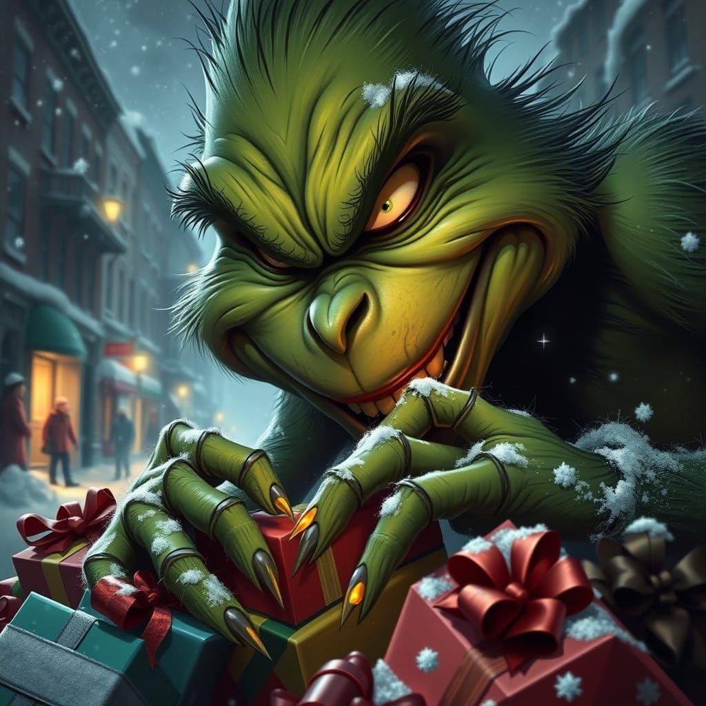 The Grinch's Sinister Face Amidst Whoville Christmas Chaos
