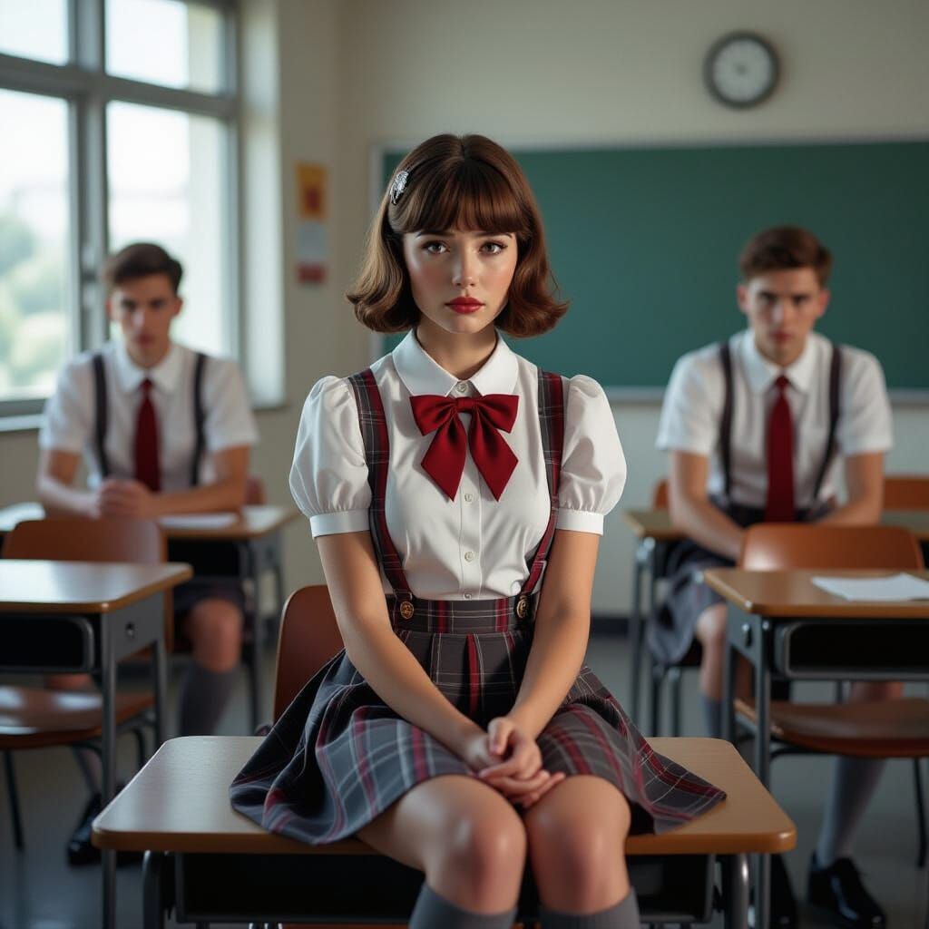 Young Woman Crying in Classroom, Digital Matte Painting