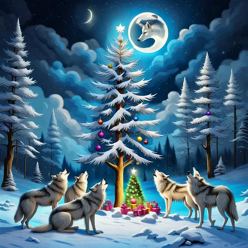 Wolves Gathered Around Christmas Tree in Winter Scene