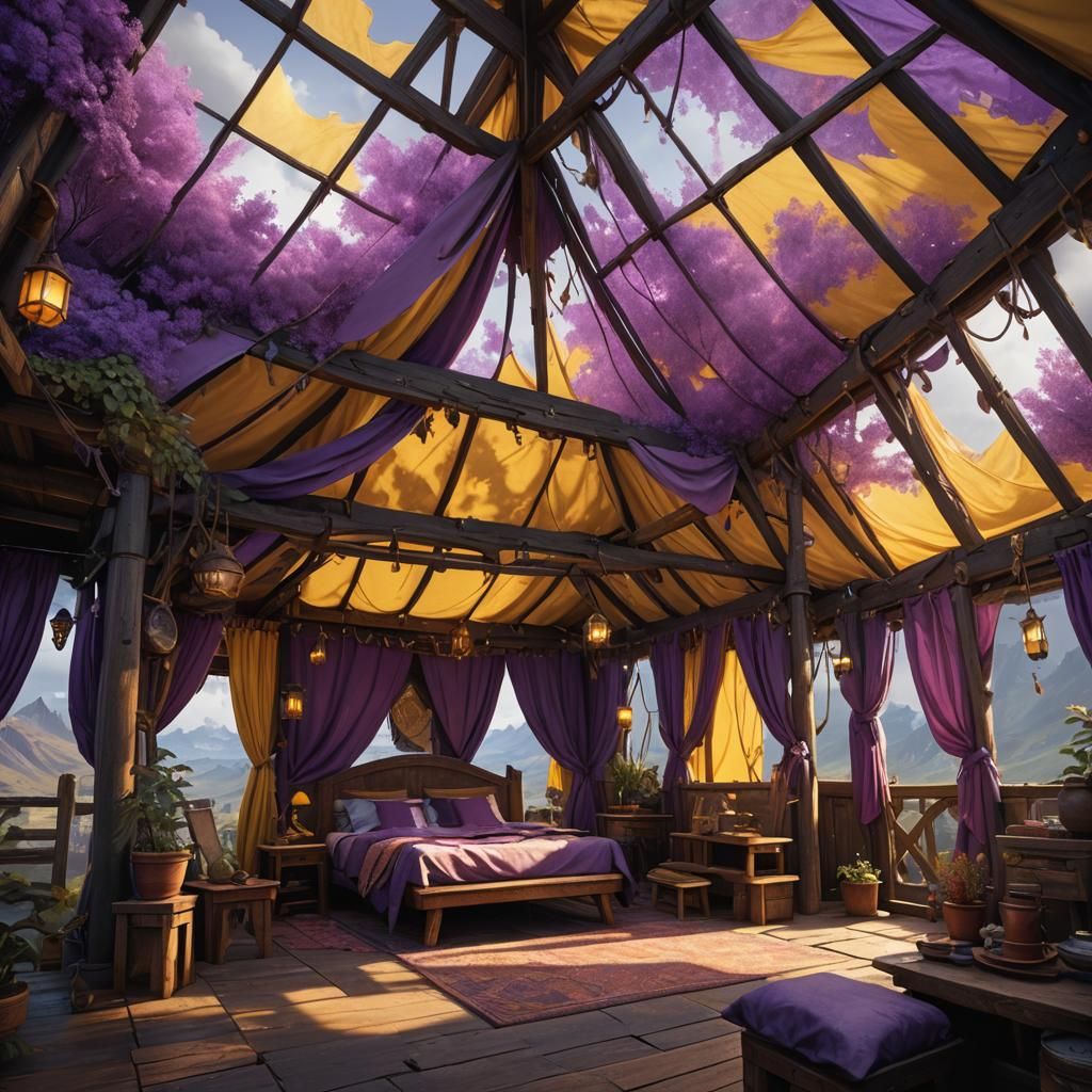 Dark Fantasy Hut Interior with Cloudy Roof