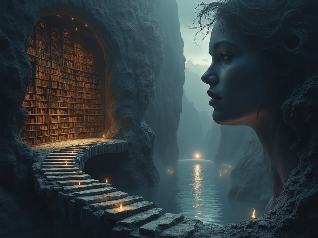 Fantastical Mountain Library at Night in Charcoal