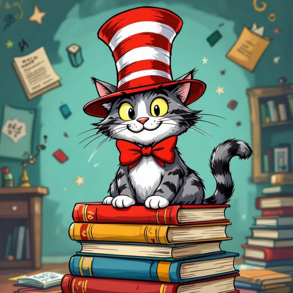 Playful Cat in Striped Hat with Books - Cartoon Style