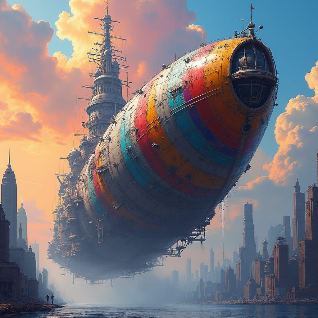Surreal Futuristic Timeship in Vibrant Cityscape