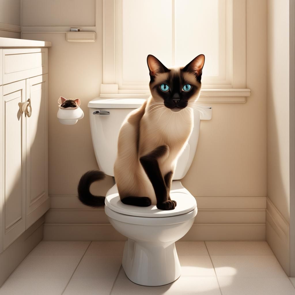 Hyperrealistic Siamese Cat-Toilet Hybrid Concept Art