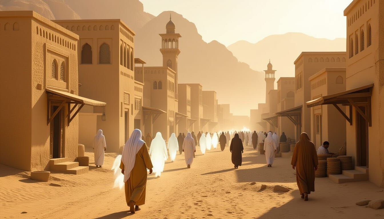 Mecca Cityscape with Figures in Islamic Art Style
