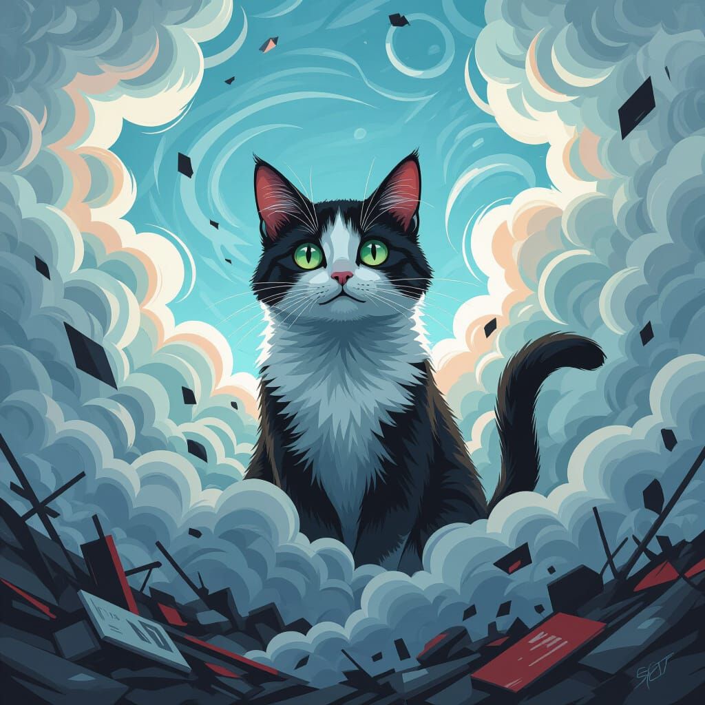 Whimsical Cat in Futuristic Dystopian Landscape