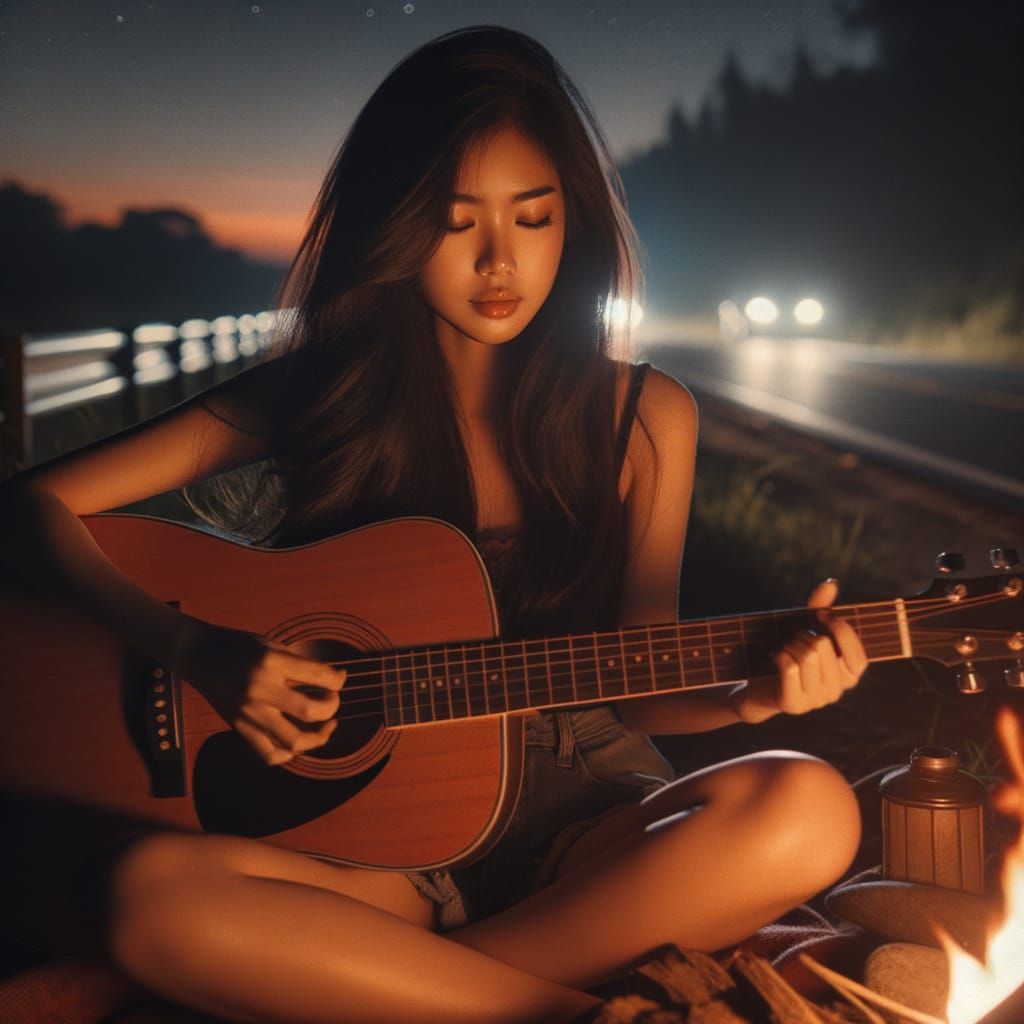 Rae Plays Guitar by Campfire on Deserted Highway