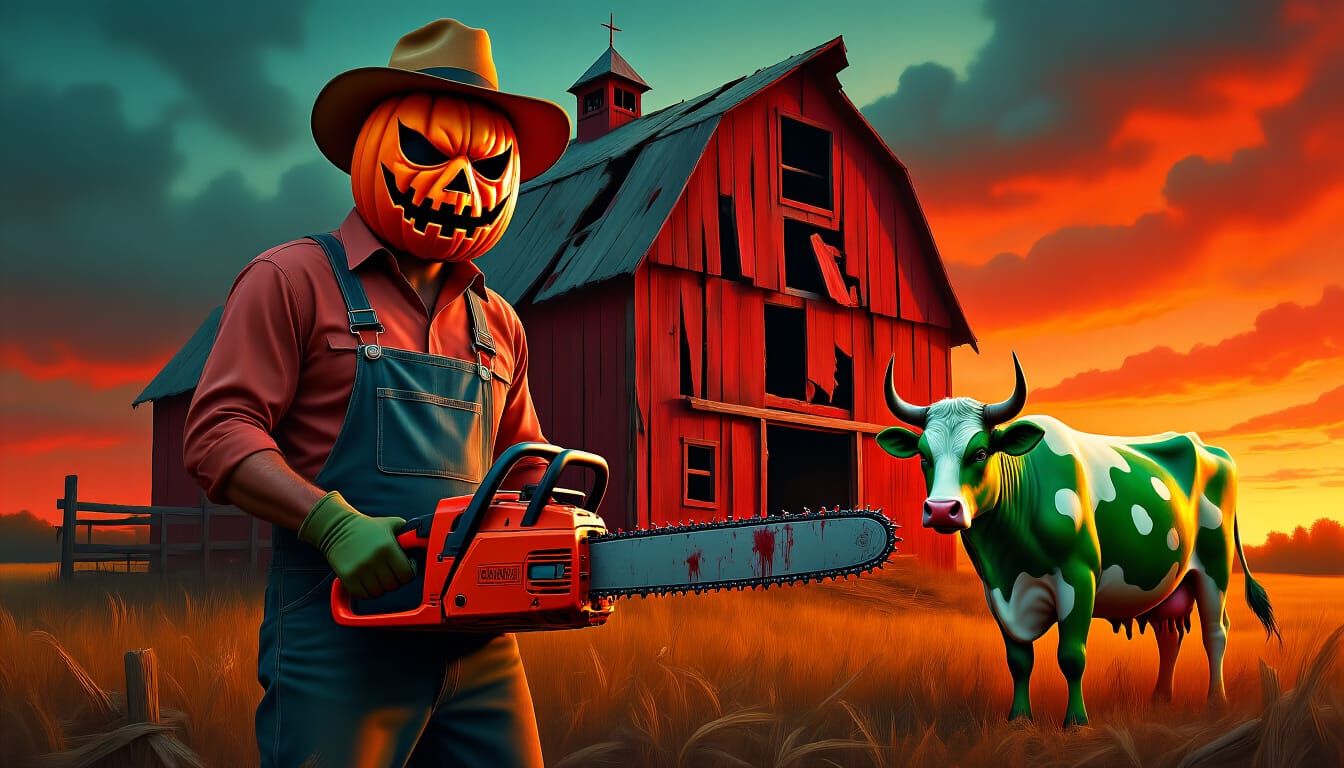 Demonic Cow and Farmer with Chainsaw Before Blood-Red Barn