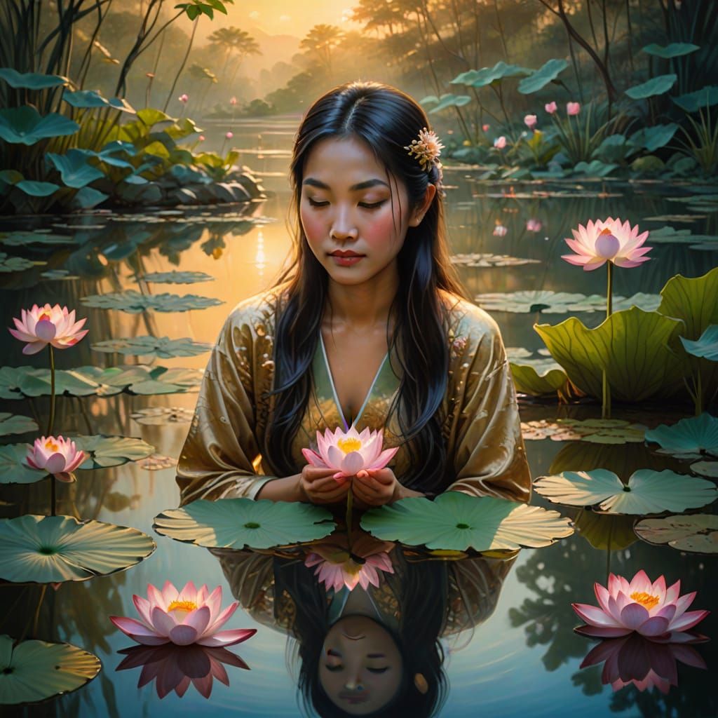 Ethereal Asian Lady Among Vibrant Lotus Flowers in Golden Li...