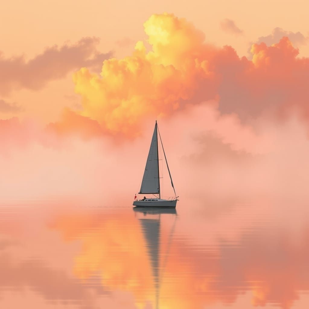 Sailboat Glides on Misty Lake at Dawn